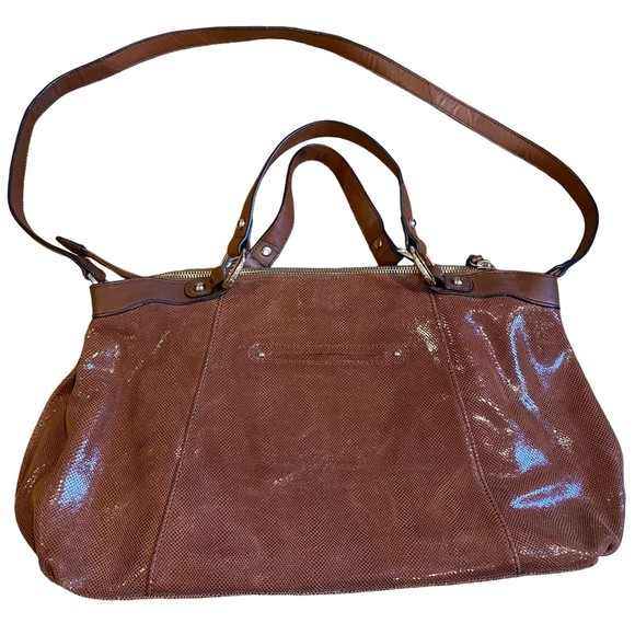 B Makowsky Brown Lombard Leather Designer Satchel Crossbody Bag - Picture 5 of 14